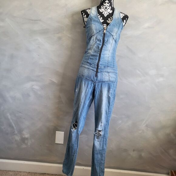GUESS Jumpsuit Los Angeles Overalls Women's 4 Denim Skinny Leg Distress Y2K - Picture 5 of 16